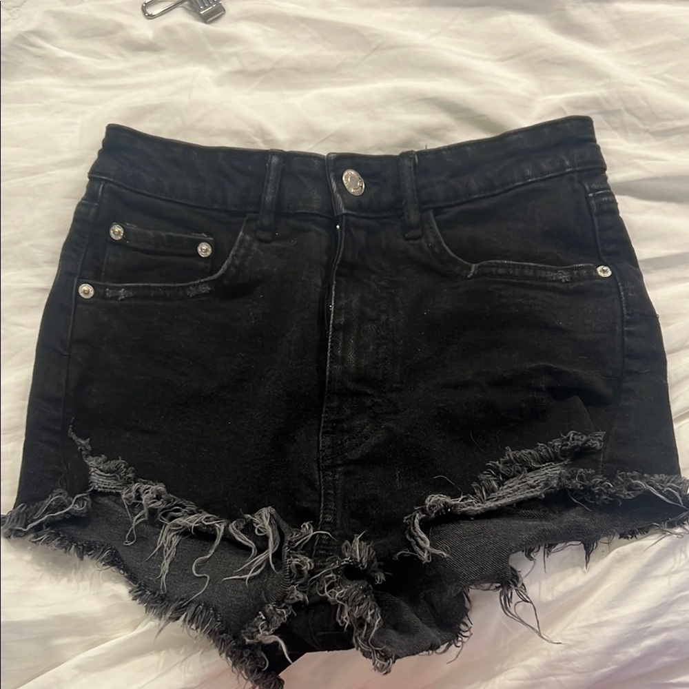 Zara Black Jean Shorts with Distressed Frayed Hem